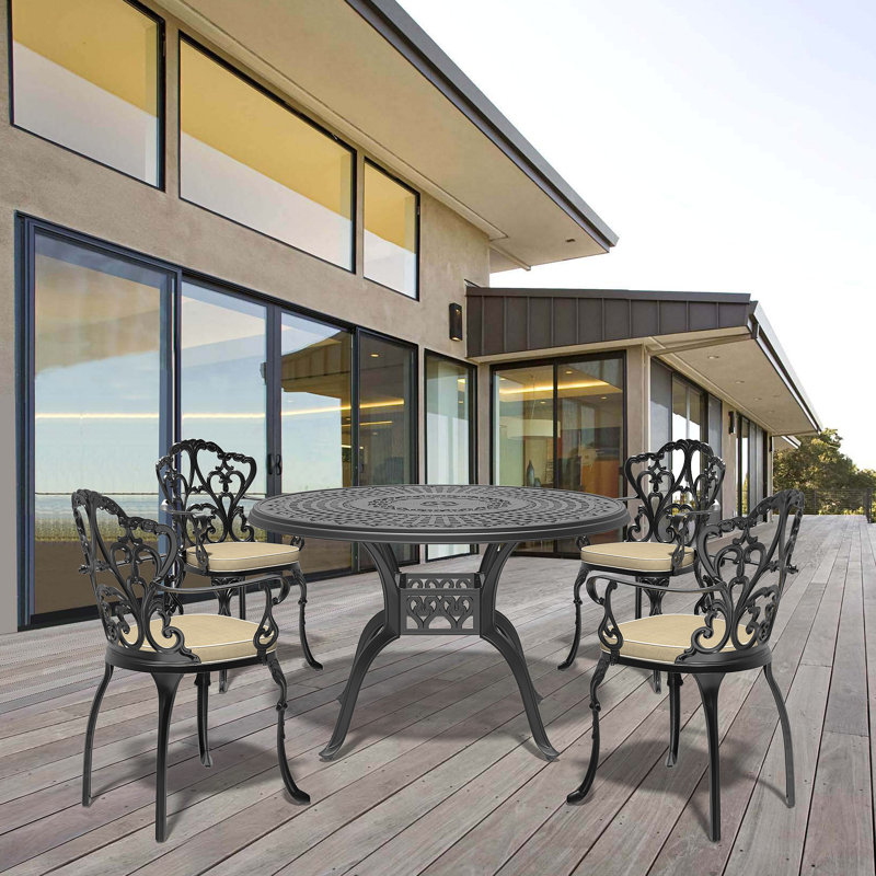 Ensemble de 5 meubles de patio en aluminium coulé avec cadre noir et coussins de siège blanc cassé