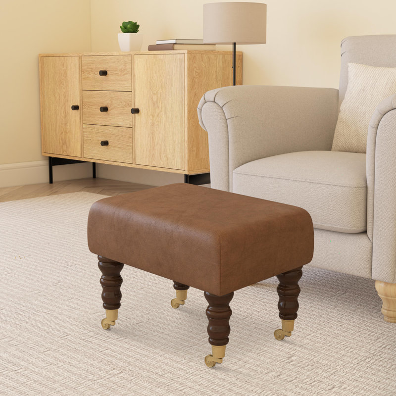 Manufactured Wood Accent Stool, Mahogany, Tan Beige, Italian Leather