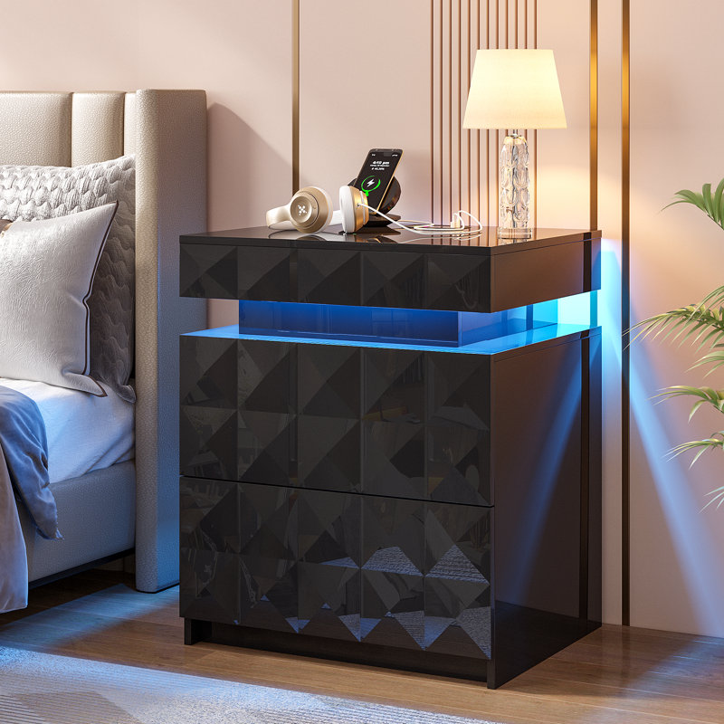 Ashten 19.7'' W - Modern Nightstand with 3 Diamond-Cut Drawers, Smart RGB Lighting & Charging Hub, Black