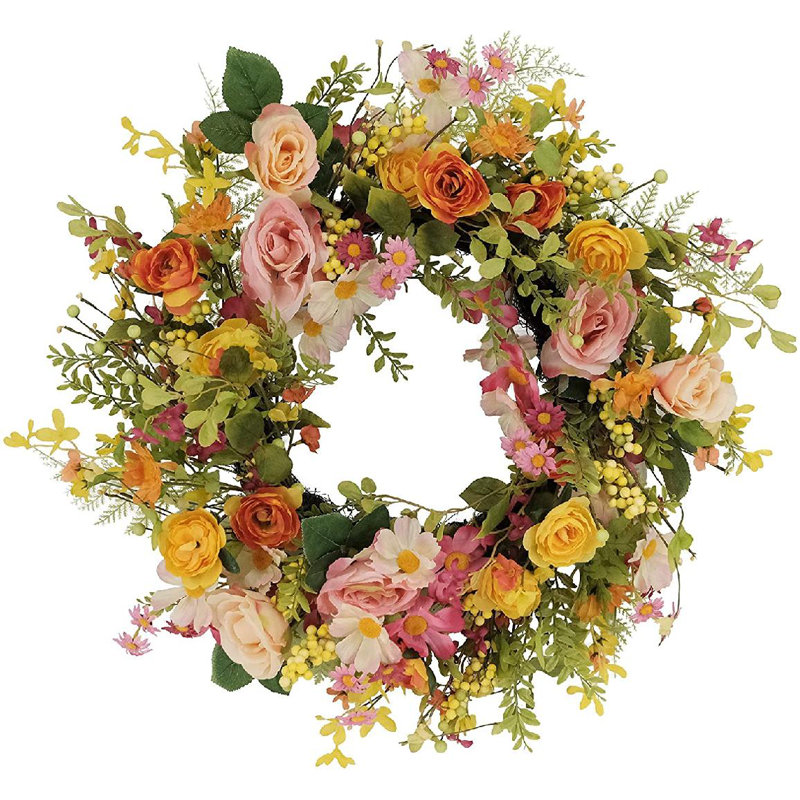 24" Artificial Rose And Dogwood And Daisy Floral Spring Wreath