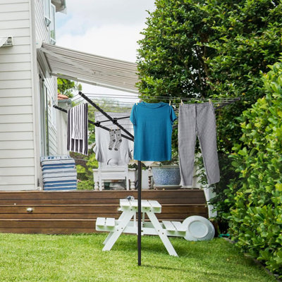 Rotary Outdoor Umbrella Clothes Drying Rack With 12-Line 165 Ft Capacity, Adjustable Height, 360° Rotation, Waterproof Cover, And Durable Aluminum Arms & Post