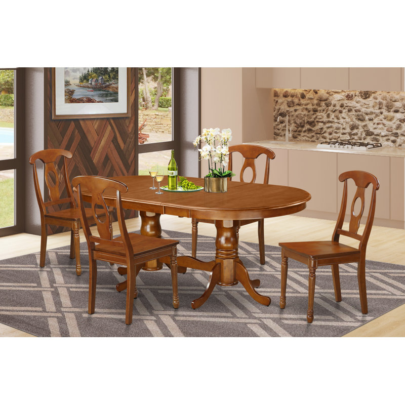 L'ensemble de salle à manger 5 pièces comprend une table de salle à manger ovale avec rallonge papillon et 4 chaises en bois brun selle
