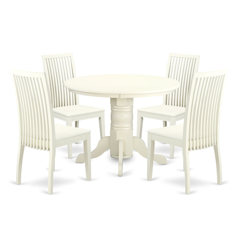 5 Piece Dining Room Table Set Includes a Round Wooden Table with Pedestal and 4 Kitchen Dining Chairs, Linen White