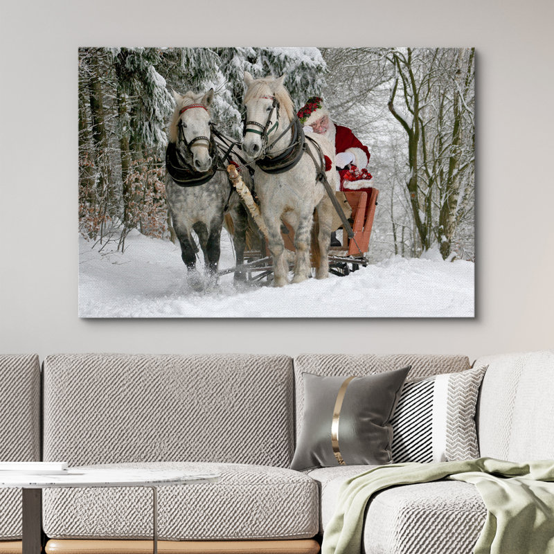 Fête de Noël, célébration de l'hiver, neige, forêt, signes, père Noël, équitation, impression sur toile, grand art mural