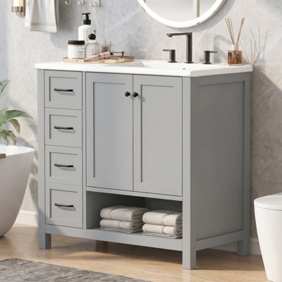36" Freestanding Single Bathroom Storage with Sink, 2 Drawers & 2 Doors, Open Storage, Solid Wood, Two Packages