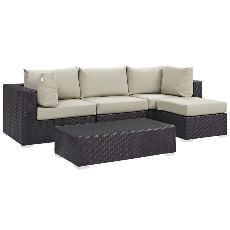 Convene 5 Piece Rattan Sectional Seating Group with Cushions, Beige