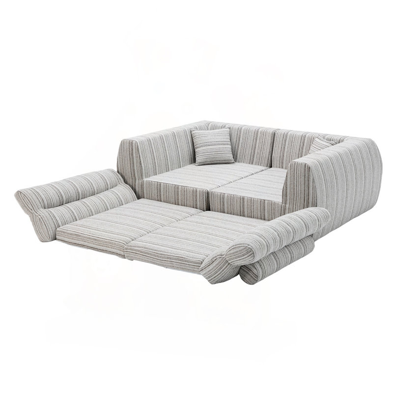 Canapé en chenille éponge compressée en tissu à rayures, canapé 3 places moderne rembourré avec coussins décoratifs pour salon, appartement, petit espace (blanc et taupe)