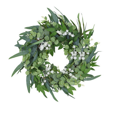 Round Eucalyptus Door Wreath 25.6 Inch, Faux Winter Greenery with Built-In Hanger for Indoor Outdoor Farmhouse, Round Leaf White Flower Style
