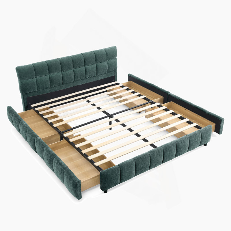 Grand lit tapissier, cadre de lit rembourré confortable, tissu chenille, avec tête de lit et cadre de lit solide. Avec tiroir pour le rangement - Vert (88,5 po x 68,5 po x 31 po)