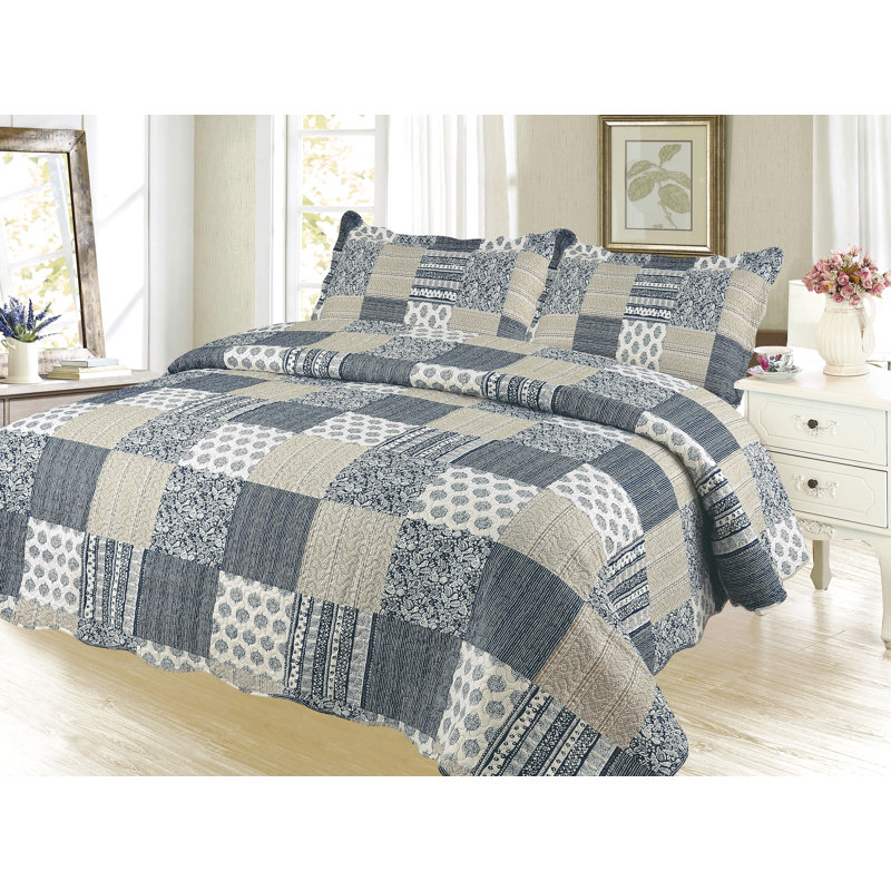 Ensemble de courtepointe 3 pièces Courte Marina Décoration de chambre à coucher Pinsonic Bedding Couvre-lit de courtepointe ultra doux avec 2 taies décoratives, motif écossais bleu marine, couleur gris taupe