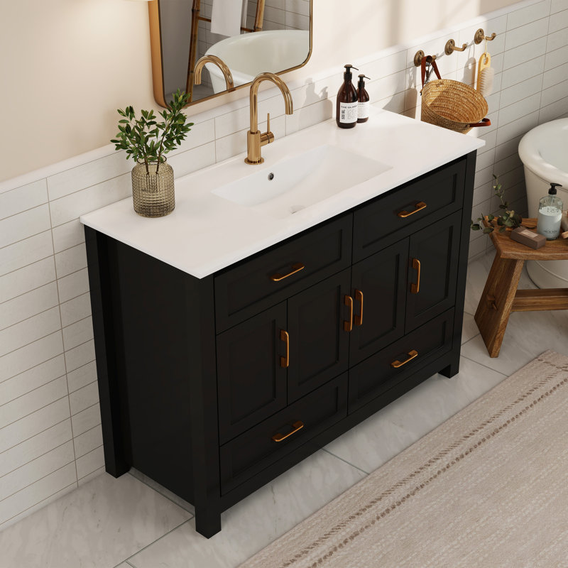 Ensemble de meuble-lavabo 48 po avec lavabo en céramique, 4 portes à fermeture douce et 4 tiroirs, Noir