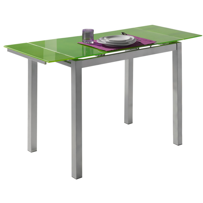 Grafals Extendable Glass Top Metal Base Dining Table, Green
