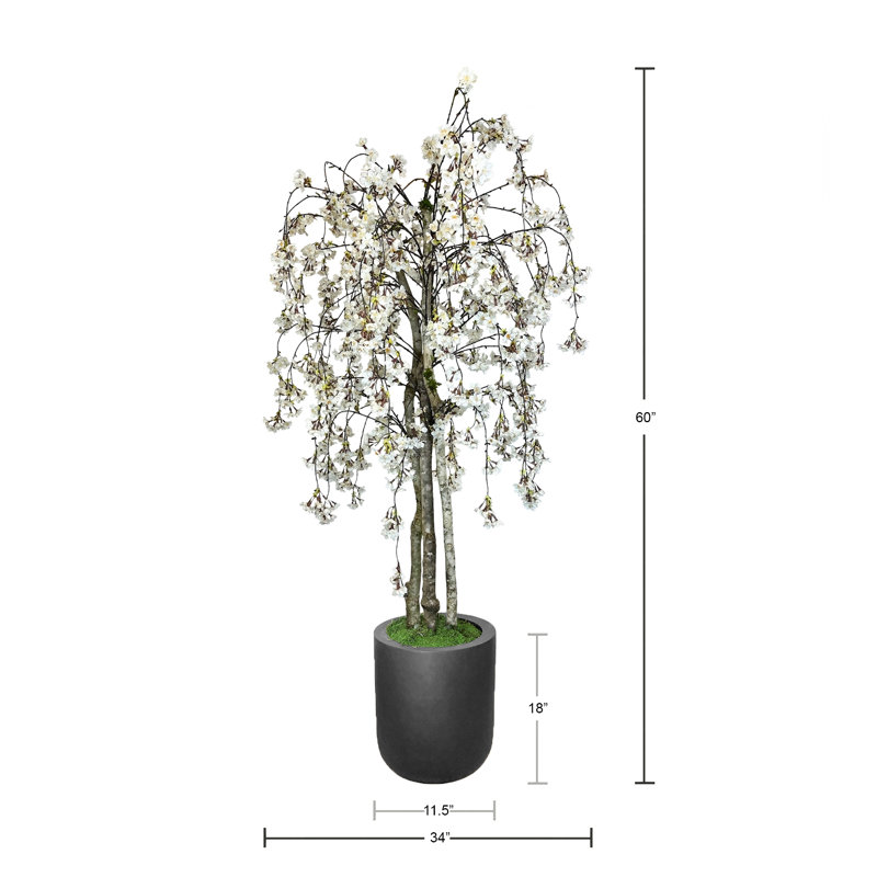 Faux Cherry Blossom Tree in Fiberstone Planter, 60" H x 34" W x 11.50" D