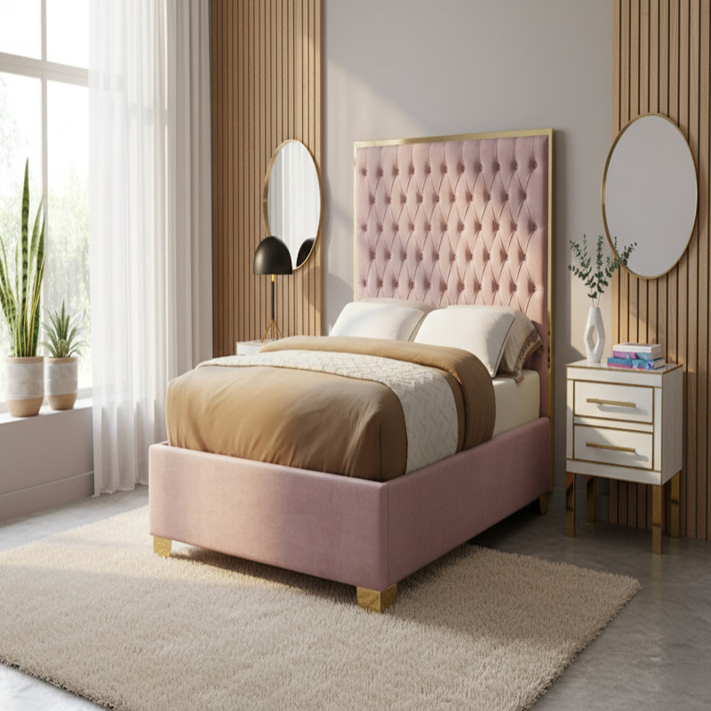 Spadaro Upholstered Platform Bed, Pink Velvet, Gold, Full