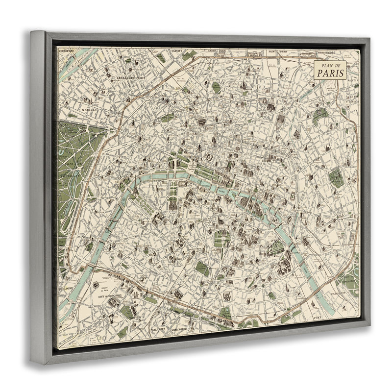 Carte rétro de Paris, cadre flottant, design par Phillipa Katz, H 17 po x l 21 po, Cadre flottant gris lustré
