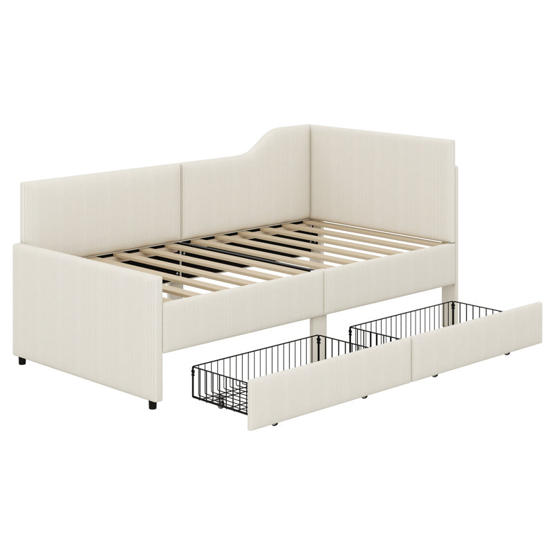 L-Shaped Upholstered Daybed With Storage Drawers, Beige