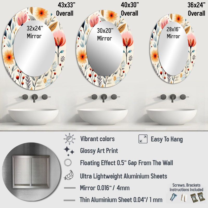 Soft Pastels Flower Accents - Miroir mural ovale Country, H 40 po x l 30 po