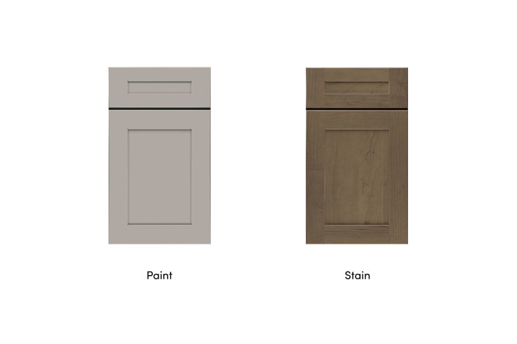 side-by-side comparison of kitchen cabinet finishes: paint vs. stain