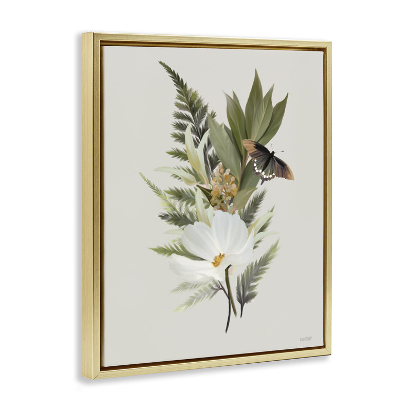 Cadre flottant fleur brins de fleurs et papillons, design House Fenway, H 31 po x l 25 po, Cadre flottant métallique doré