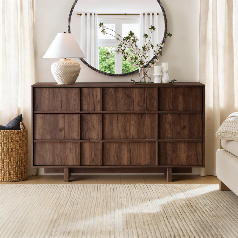 Commode 9 tiroirs, commode moderne Mid-Century avec rangement, commode de 55 po de largeur avec lignes squelettes et texture grain de bois, meuble télé minimaliste pour commode pour chambre à coucher, salon, noyer