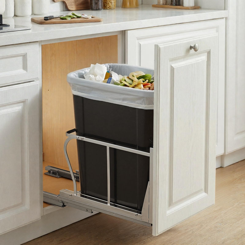 Poubelle de cuisine rétractable robuste Qeetex - 40 pintes, glissières à fermeture en douceur, poubelle simple réglable en acier inoxydable 304 pour les déchets et le recyclage - s'adapte à l 12 po x P 18 po - poubelle simple en acier 304