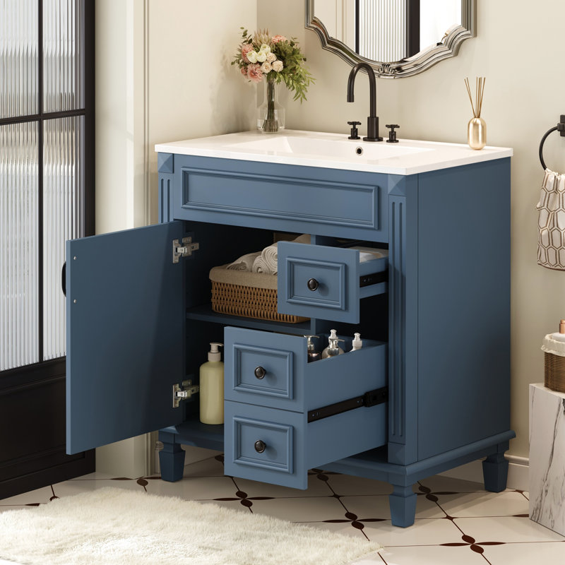 Meuble-lavabo de 30 po avec lavabo en céramique de haute qualité, deux tiroirs et tablette personnalisable, idéal pour les petits décors d'inspiration française.
