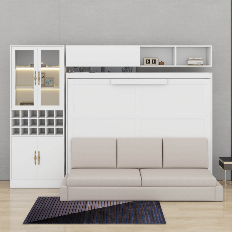 Grand lit escamotable mural avec canapé, USB, tablettes et lumière, Blanc, Grand