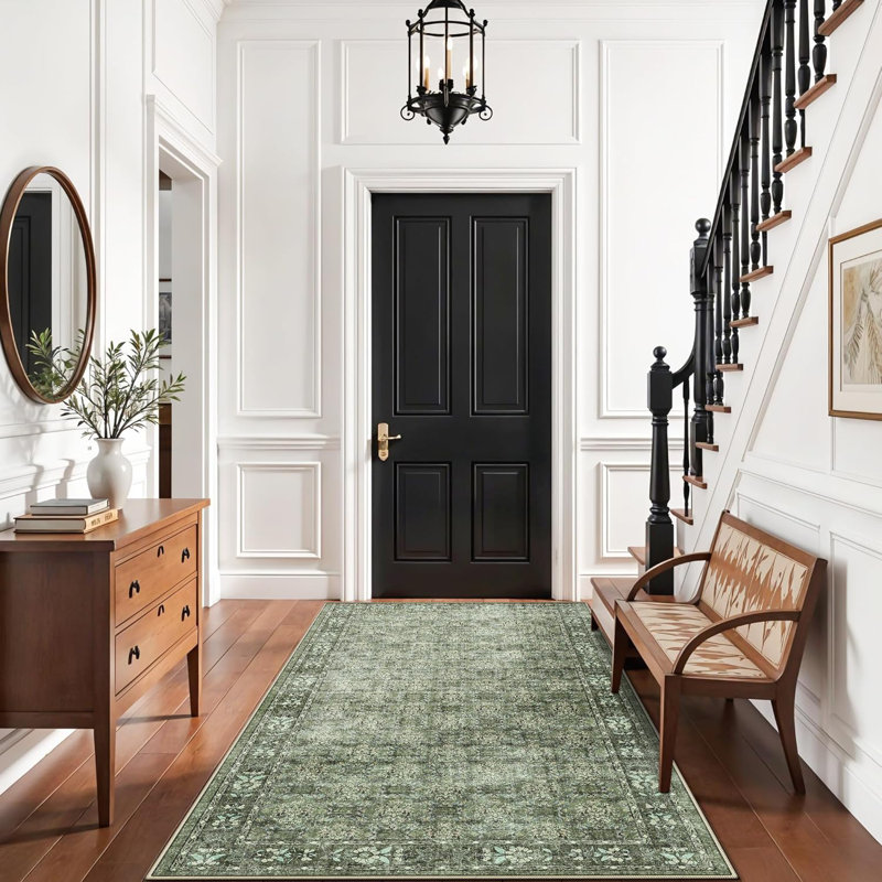 Washable Hallway Runner Rug: Vintage Soft Carpet for Living Room Entryway Non-Slip Water Resistant Thin Kitchen Floor Mat Wide Ultra Soft Area Rug for Bedroom Bathroom Dining Room(Green)