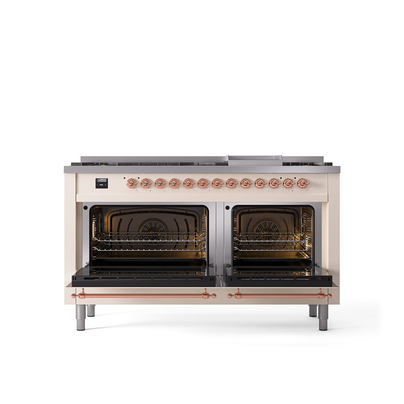 ILVE Nostalgie II 60 in Dual Fuel Range, 9 Burner, Griddle, Antique White/Copper, Natural Gas