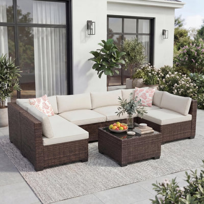 7-Piece Patio Sectional Sofa Set–All-Weather Black PE Wicker, Thick Blue Cushions–Outdoor Conversation Set with Storage Table & Ottoman–for Garden, Backyard, Brown Gradient Wicker+Beige Cushions