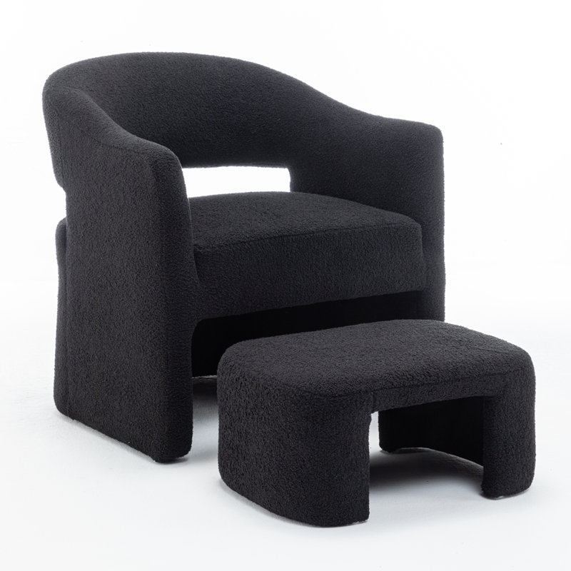 Torrence Upholstered Barrel Chair With Ottoman, Black Faux Fur