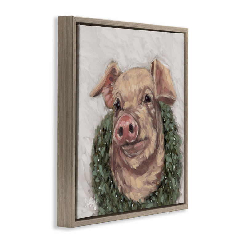 Cochon avec couronne de vacances, art mural par Sara G. Designs, Cadre flottant orme Montalcino, H 25 po x l 25 po
