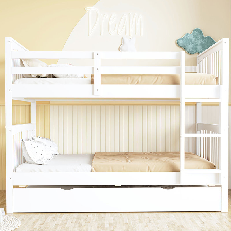 Lit double au-dessus d'un lit superposé blanc - option de couchage écoénergétique, structure solide, garde-corps sur le lit supérieur, idéal pour la chambre à coucher