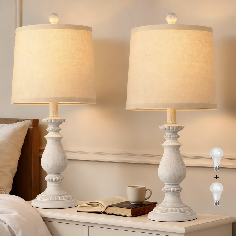 Ensemble de 2 lampes de table de ferme rustiques avec abat-jour en lin, interrupteur rotatif rétro pour l'éclairage de la chambre à coucher et du salon