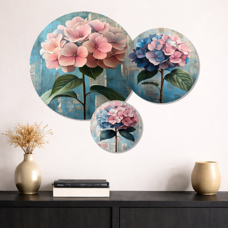 Hortensia en tons de rose et de bleu I - ensemble d'art mural en métal Hydrangea de 3