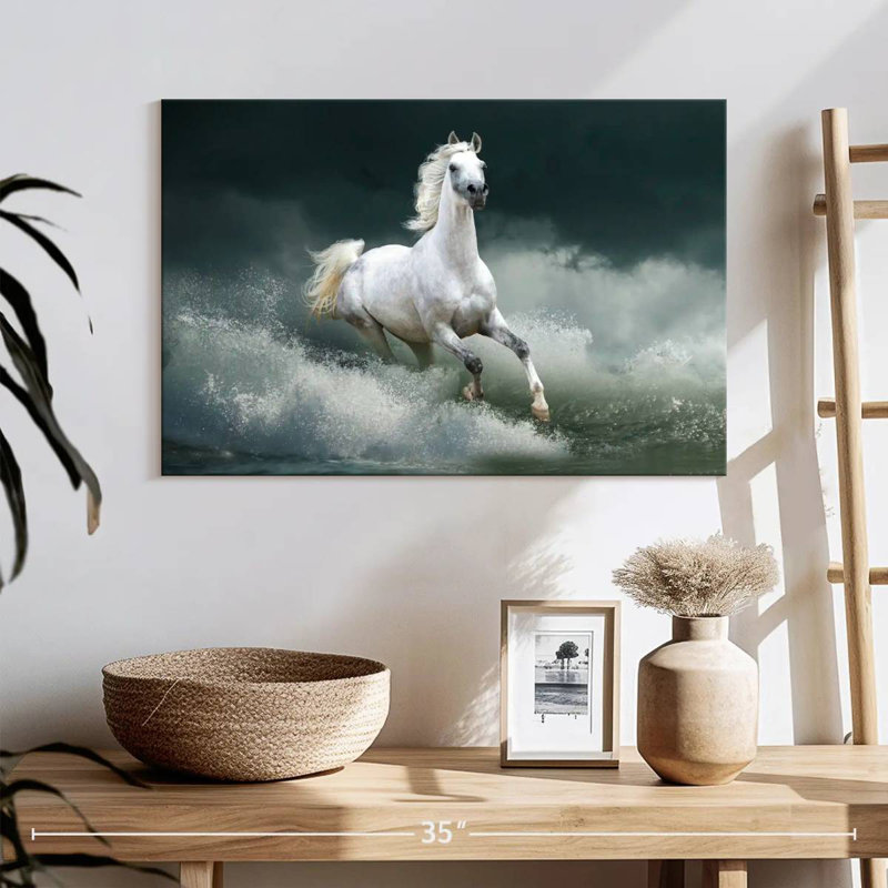 Brampt cheval qui court sauvage sur l'eau, H 16 po x l 24 po