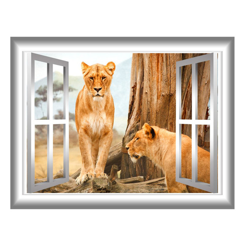 Décalcomanie murale fenêtre animal 3d lioness, H 24 po x l 30 po x P 0,01 po, Argent