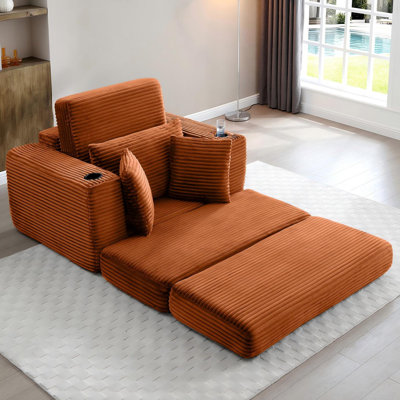Méridienne surdimensionnée de 52 po pour l'intérieur, rembourrée en velours côtelé avec porte-gobelet et coussins