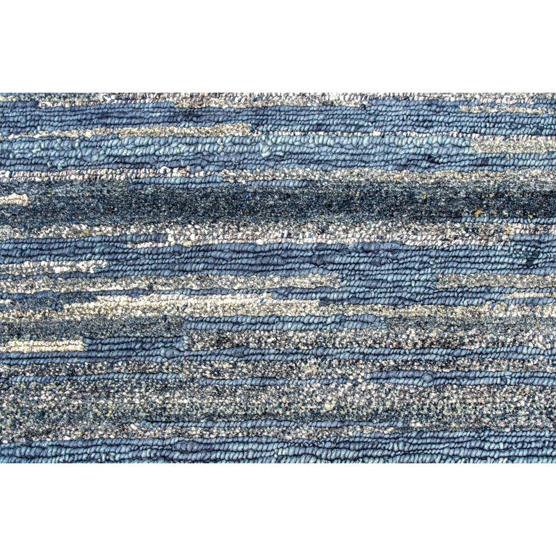 Tapis rectangulaire en laine / vert noué à la main bleu / gris / blanc, Rectangle 8 pi x 10 pi