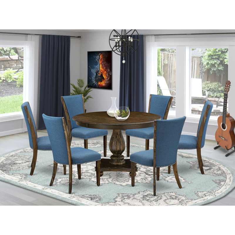 7 Piece Kitchen Table Set Consist of a Round Dining Table with Pedestal and 6 Blue Color Linen Fabric Parson Chairs, Distressed Jacobean