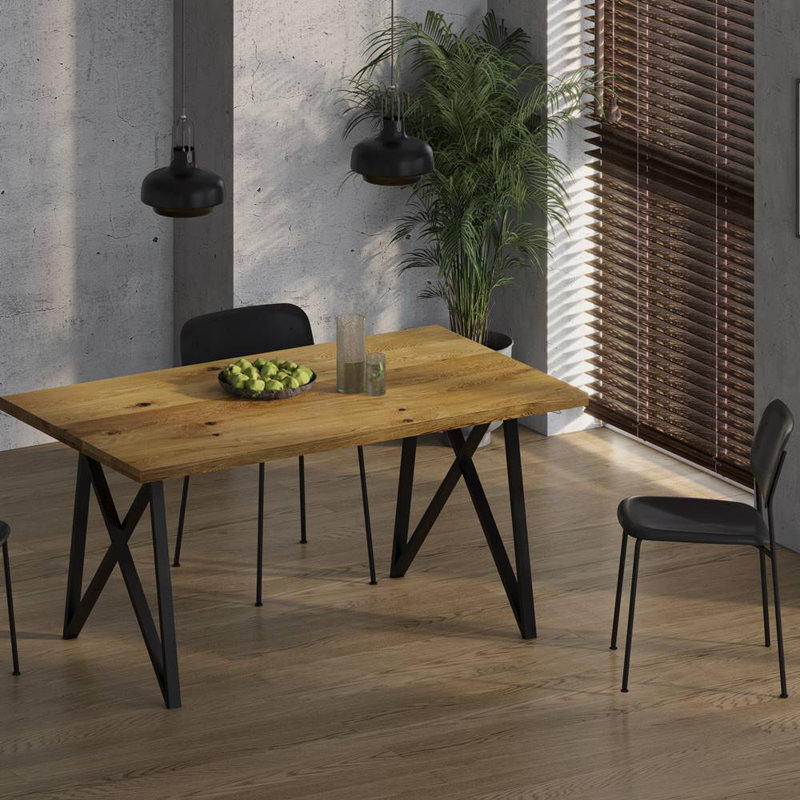 Anco Oak Solid Wood Top Metal Base Dining Table, 76H x 160L x 80W cm, Natural Oil