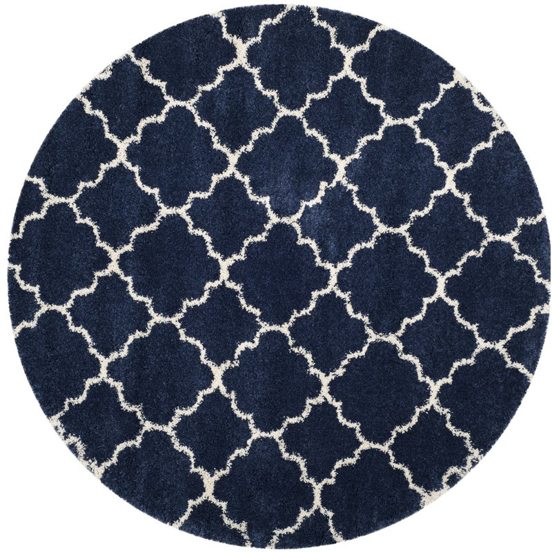 Darrold Shag Performance Geometric Rug, Round 11', Navy Blue/Ivory