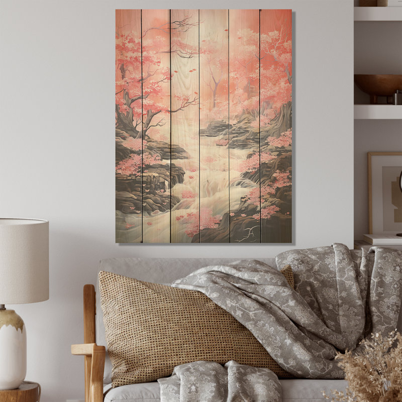 Rippling, rivière Japon, forêt, art sur bois de pin naturel, H 20 po x l 10 po