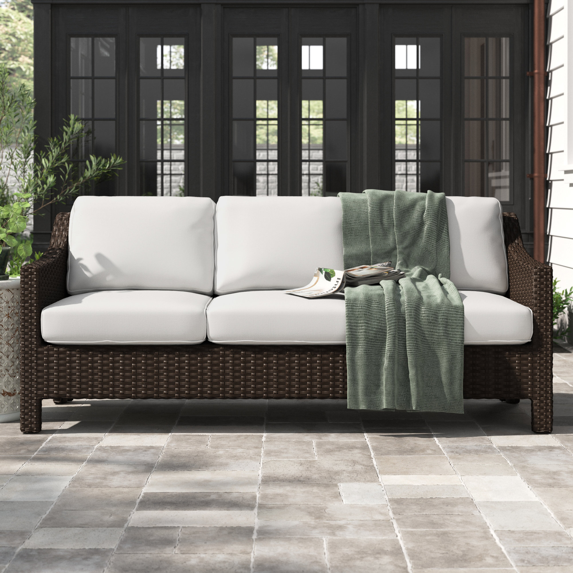 80'' Wide Wicker Patio Sofa with Cushions