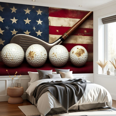 Papier peint auto-adhésif balle de golf rétro Drapeau américain peinture loisirs sports photos balles autocollant amovible papier contact mural pour salon chambre à coucher H 100 po x l 144 po