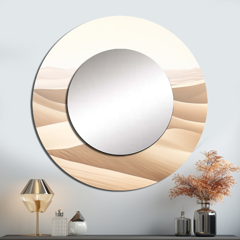 Sarmis Desert Sands Of Slumber Dreams I - Minimalism Unique Wall Mirror Decor, Beige Large Round Mirror, Printed Metal Art