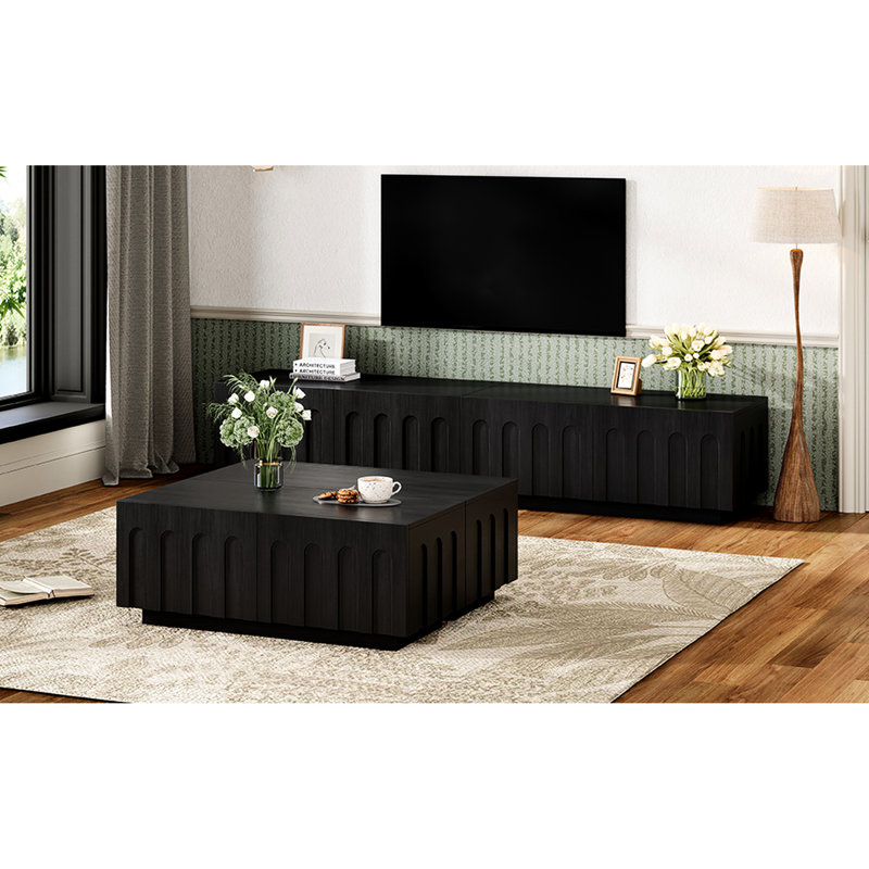 Meuble télé noir et table basse, design arqué pour la sophistication, 8 tiroirs spacieux pour articles quotidiens, salon ou chambre à coucher multifonctionnel, paire, design, tiroirs, rangement dissimulé spacieux, fonctionnel,