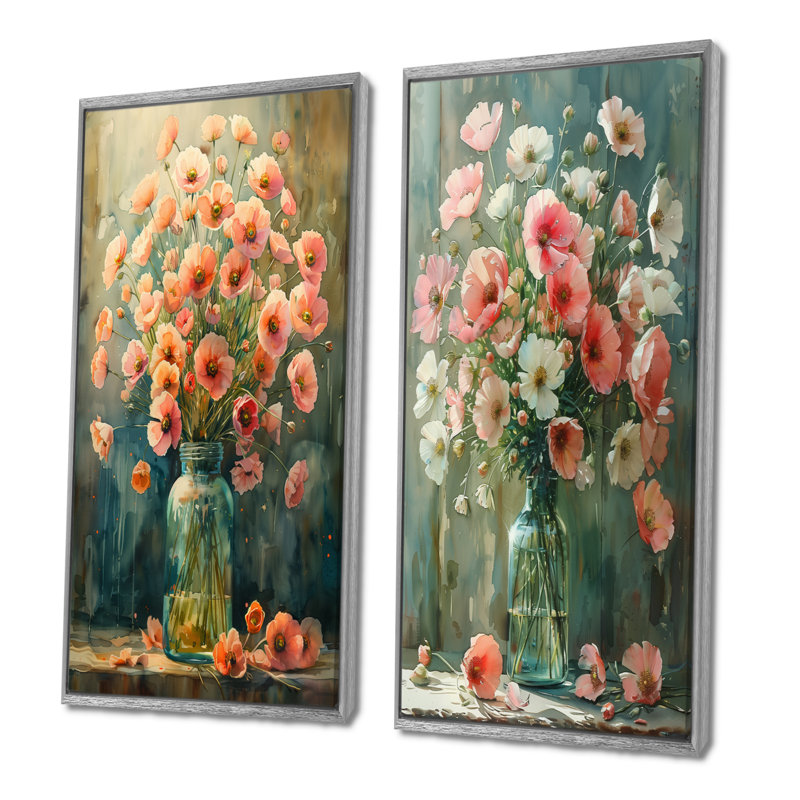 Ensemble de 2 pièces roses roses et vertes avec bouquet de boutons d'or, H 32 po x l 32 po, Encadrement argenté