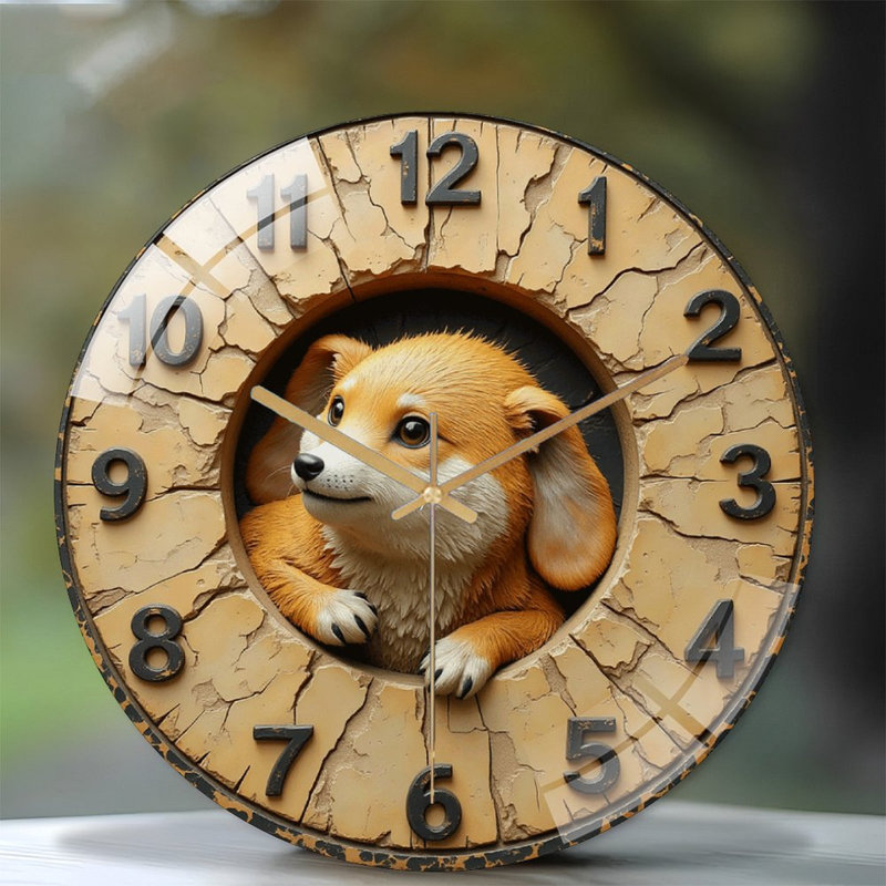 Cute Dog Clock Wall Art Decorative Home Décor Art - 12'' Modern Glass Wall Clock