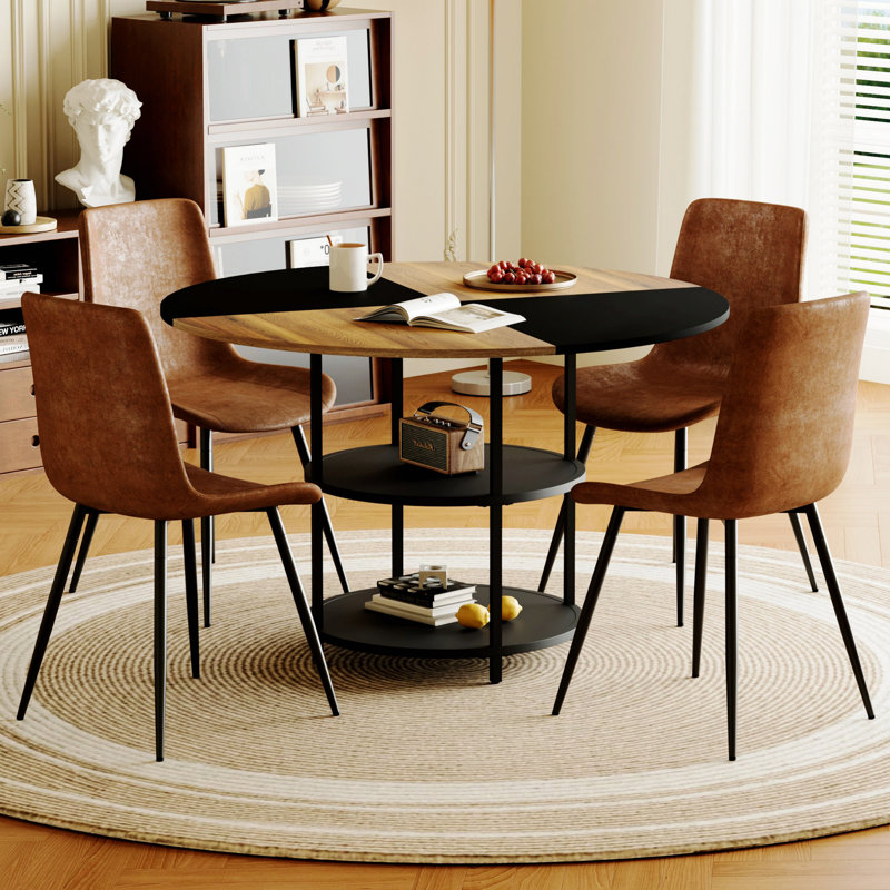 Ensemble de table circulaire et de chaises sans accoudoirs, table de salle à manger avec tablette de rangement double couche, 4 chaises de salle à manger avec pieds en métal